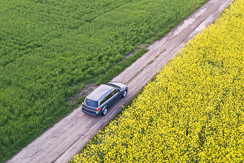 Aerial view of a car driving on a dirt road between a green field and a yellow flowering field.